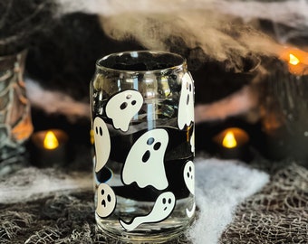 Spooky Ghost Glass Cup | Halloween Beer Can Glass | Iced Coffee Tumbler with Cute Ghosts | Halloween Party Drinkware