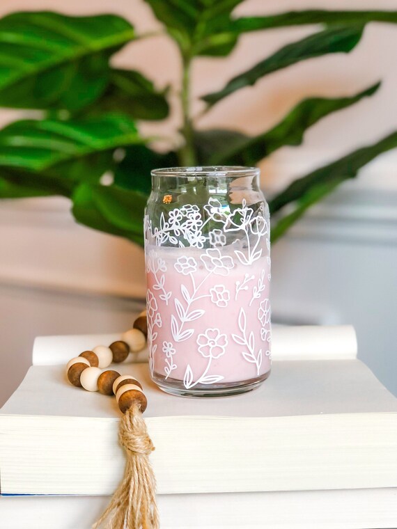 Glass Coffee Cup, Beer Glass Cup, Floral Glass Can, Soda Glass Cup, Glass Tumbler, Iced Coffee Glass, Cute Glass Cup