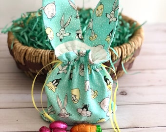 Easter Bunny Treat Bag, Looney Toon Bunny Ear Drawstring Bag, Easter Egg Hunt Favors, Easter Children, Drawstring Bunny Ear Bag