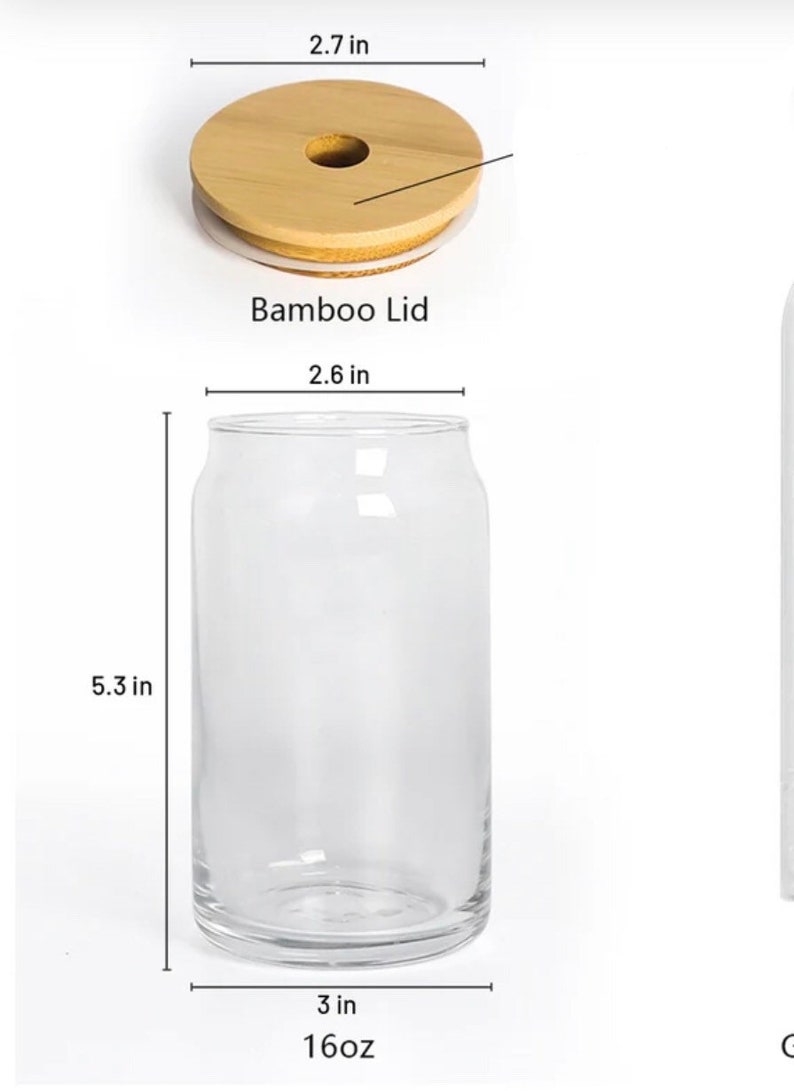 May include: A clear glass jar with a bamboo lid. The jar is 5.3 inches tall, 3 inches wide, and holds 16 ounces. The lid is 2.7 inches in diameter and 2.6 inches tall.