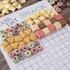 May include: A printable 100th day of school snack activity sheet with a grid of squares. The grid is filled with various snacks, including popcorn, cereal, crackers, and candy. The text "100th Day Snack" is printed at the top of the sheet.
