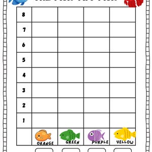 May include: A colorful educational worksheet with the text "ONE FISH TWO FISH". The worksheet features a grid with numbers and spaces for counting. Includes illustrations of orange, green, purple, and yellow fish. The word "TOTAL:" is at the bottom.