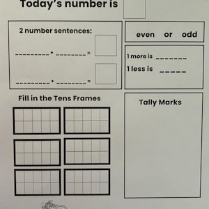 May include: A white worksheet titled "Number of the Day" with fill-in-the-blank sections for math problems, including number sentences, even/odd, and tally marks. Includes a drawing of a car carrying gifts.