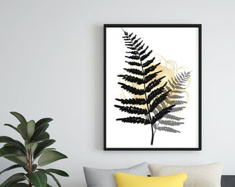 Black and Gold Botanical Plant, Gold Circle Abstract, Printable Wall Art, Digital Print, Modern Art