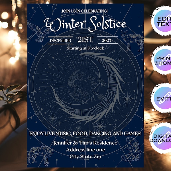 Winter Solstice Party Event editable template printable evite invite invitation