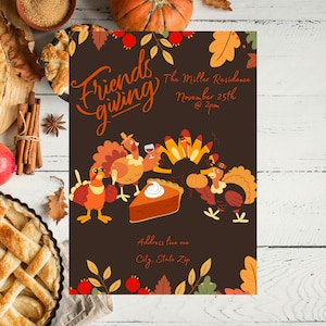 Friendsgiving Thanksgiving invitation card turkey pie editable template Digital download stationary printable