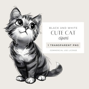 Clipart chat tigré, illustration noir et blanc, mignon chaton gris à rayures, animal de compagnie dessin au crayon, 1 x image PNG transparente, usage Commercial