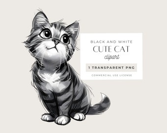 Getigerte Katze Clipart, Schwarzweiß-Illustration, Graues Streifen-Kätzchen, niedliches Graues Kätzchen, Haustier-Bleistiftzeichnung, 1 x transparentes PNG-Bild, kommerzielle Nutzung