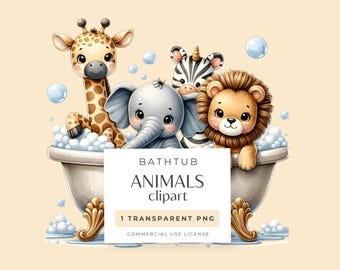 Niedliche Baby-Tiere in der Badewanne, Schaumbad Clipart, Kinderzimmer-Wandkunst, Baby-Tierdruck, Klauen-Fuß-Vintage Badewanne PNG, Badezimmer-Wand-Dekor