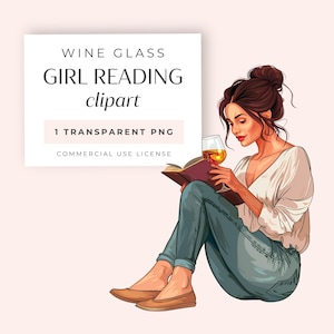 K&ouml;nnte beinhalten: Digitale Illustration einer Frau, die ein Buch liest und ein Weinglas h&auml;lt. Das Bild enth&auml;lt den Text "WINE GLASS GIRL READING clipart" und "1 TRANSPARENT PNG". Die Frau tr&auml;gt ein wei&szlig;es Oberteil, blaue Jeans und braune Ballerinas.