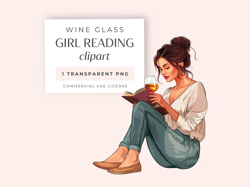 K&ouml;nnte beinhalten: Digitale Illustration einer Frau, die ein Buch liest und ein Weinglas h&auml;lt. Das Bild enth&auml;lt den Text "WINE GLASS GIRL READING clipart" und "1 TRANSPARENT PNG". Die Frau tr&auml;gt ein wei&szlig;es Oberteil, blaue Jeans und braune Ballerinas.