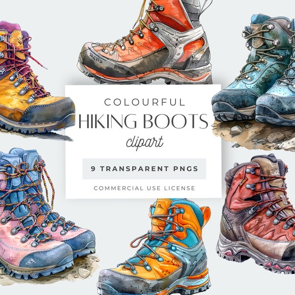 Hiking Boot Clip Art, 9 x Transparent PNGs, Watercolour Walking Boots, Outdoor Adventure Nature Trail Footwear, Commercial Use Images