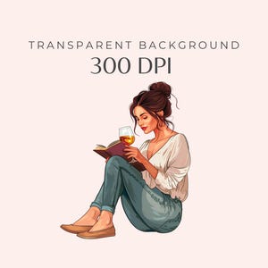 K&ouml;nnte beinhalten: Illustration einer Frau mit braunen Haaren im Dutt, die eine wei&szlig;e Bluse und blaue Jeans tr&auml;gt, sitzt und ein Buch liest. Sie h&auml;lt ein Glas bernsteinfarbener Fl&uuml;ssigkeit. Das Bild enth&auml;lt den Text "TRANSPARENT BACKGROUND 300 DPI".