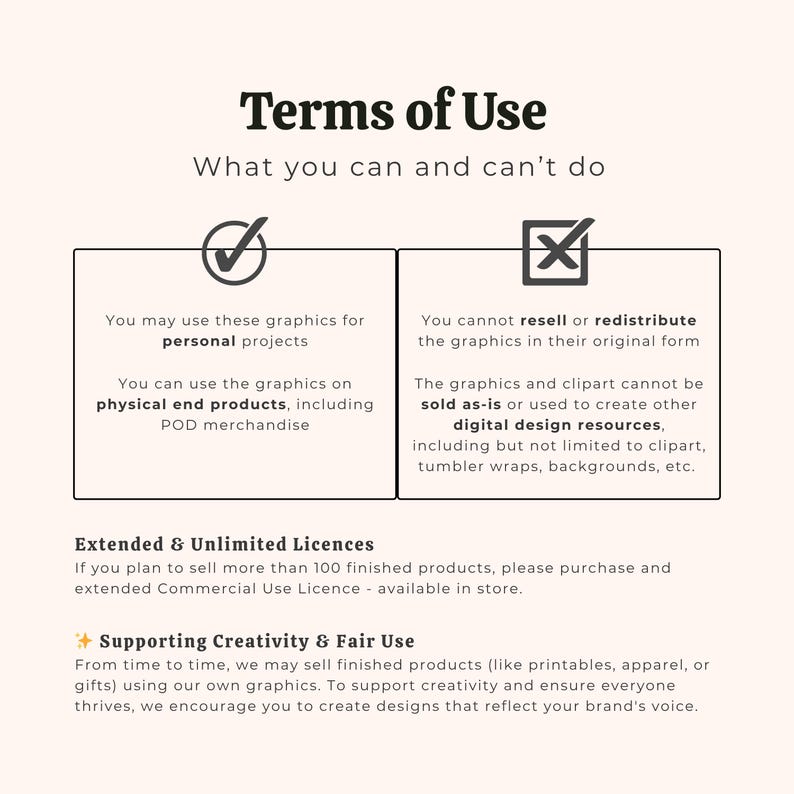 K&ouml;nnte beinhalten: Grafik mit dem Text &bdquo;Nutzungsbedingungen&ldquo;, der die Nutzungsrechte erl&auml;utert. Enth&auml;lt Abschnitte zu pers&ouml;nlichen Projekten, physischen Endprodukten und Einschr&auml;nkungen beim Weiterverkauf. Erw&auml;hnt auch erweiterte Lizenzen und die Unterst&uuml;tzung von Kreativit&auml;t.