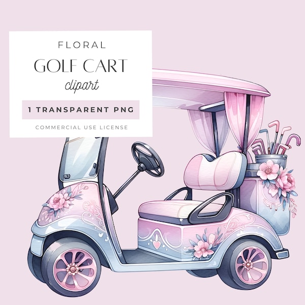 Pink Golf Cart PNG, Sports Clipart, 1 x Transparent Image for Hole in One Birthday Par Tee, Girly Golf, Pink and Purple Floral Design