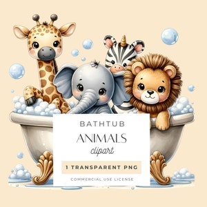Schattige babydieren in bad, bubbelbad clipart, kunst aan de muur kinderkamer, baby dierenprint, klauwvoet vintage bad png, badkamer wanddecoratie
