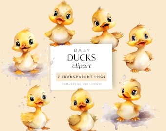 Baby Duck Watercolour Clipart, 7 Cute Yellow Duckling Graphics, Nursery Wall Art Elements, Neutral Baby Shower Clip Art, Commercial Use