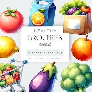 Clipart Zakupy Spożywcze, Pakiet 12 Przezroczystych Obrazów, Owoce i Warzywa PNG, Zdrowa Żywność i Soki, Zakupy W Supermarkecie