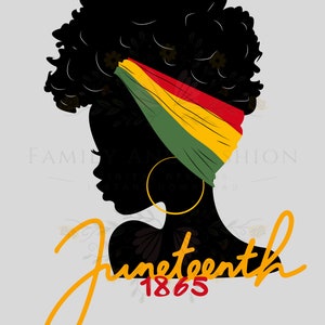 May include: Silhouette of a Black woman with an afro hairstyle wearing a red, yellow and green headband. The text "Juneteenth 1865" is written in yellow cursive script.