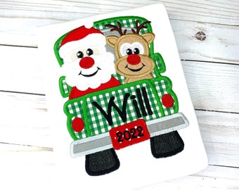 Embroidered Christmas Shirt: Santa & Reindeer Truck, Personalized Holiday Shirt
