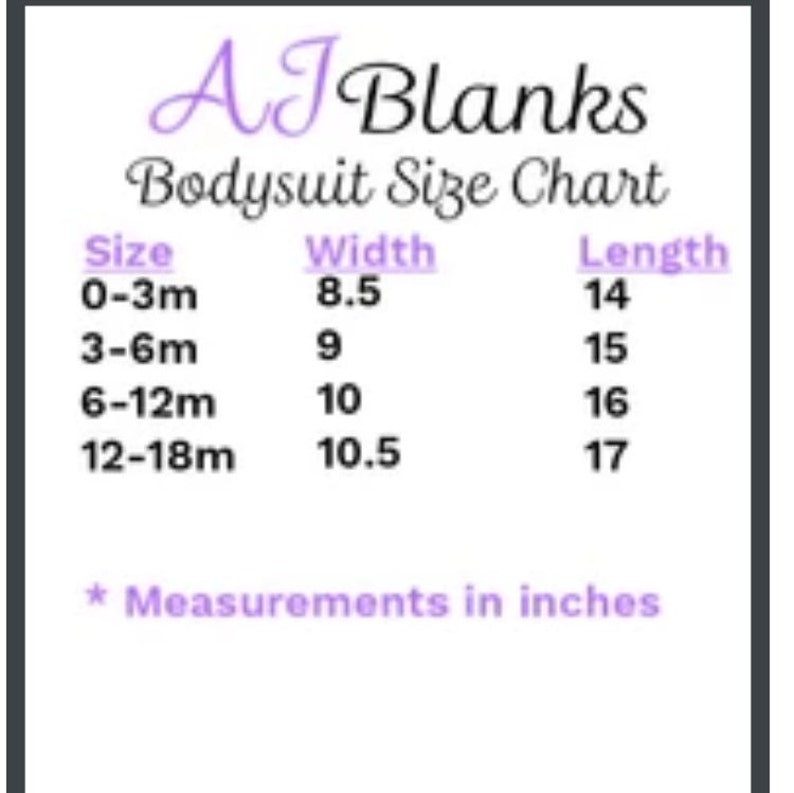 Puede incluir: Tabla de tallas de bodies con medidas en pulgadas. La tabla muestra el ancho y la longitud de los bodies en tallas de 0-3 meses, 3-6 meses, 6-12 meses y 12-18 meses.
