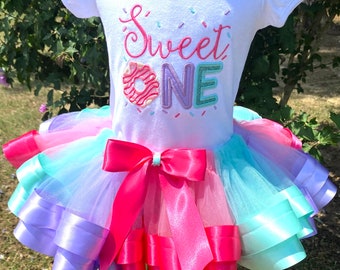 Donut Birthday Outfit: Embroidered Shirt, Ribbon Tutu, Sweet One