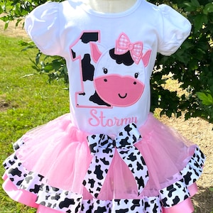 First Birthday Cow Ribbon Trimmed Tutu Outfit, First Birthday Cow Shirt ,Personalized Pink Cow Tutu Outfit