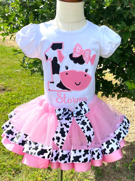 First Birthday Cow Tutu Outfit: Personalized Pink Embroidered Shirt