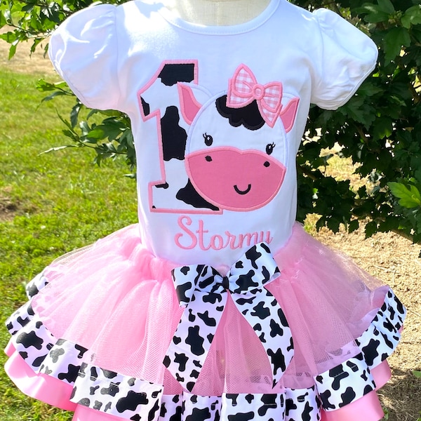 First Birthday Cow Ribbon Trimmed Tutu Outfit, First Birthday Cow Shirt ,Personalized Pink Cow Tutu Outfit