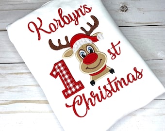 Embroidered Baby's First Christmas Bodysuit: Santa Reindeer Shirt