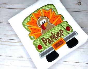 Boys Thanksgiving Shirt: Embroidered Turkey Truck, Personalized Fall Tee