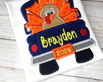 Boys Embroidered Turkey Truck Thanksgiving Shirt: Personalized Fall Shirt