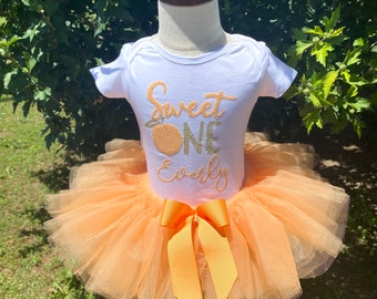Sweet One Peach Birthday Tutu Outfit: Embroidered First Birthday Shirt