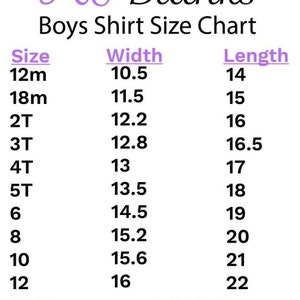 May include: Boys' shirt size chart with measurements in inches. The chart lists sizes from 12 months to 12 years old, with corresponding width and length measurements.