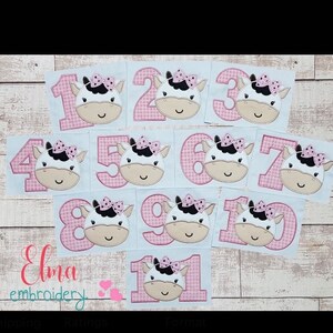 May include: A set of ten pink and white cow-themed embroidery designs featuring the numbers 1 through 10. Each number is surrounded by a pink and white gingham pattern and features a cow with a pink bow.