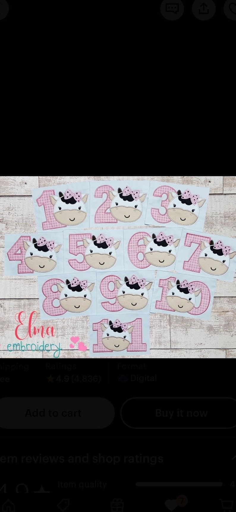 May include: A set of ten pink and white cow-themed embroidery designs featuring the numbers 1 through 10. Each number is surrounded by a pink and white gingham pattern and features a cow with a pink bow.