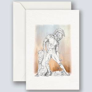 May include: Greeting card featuring a detailed pencil and watercolor illustration of a classical statue of a man in a helmet. The artwork depicts the statue in a dynamic pose, with a neutral background.