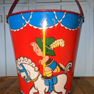 Large Ohio Art carousel sand pail - vintage - Elaine Ends Hileman illustrator