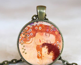 Klimt's Mother and Child art pendant, Klimt art jewelry pendant, Mother's Day gift baby shower gift for Mom key chain key ring key fob