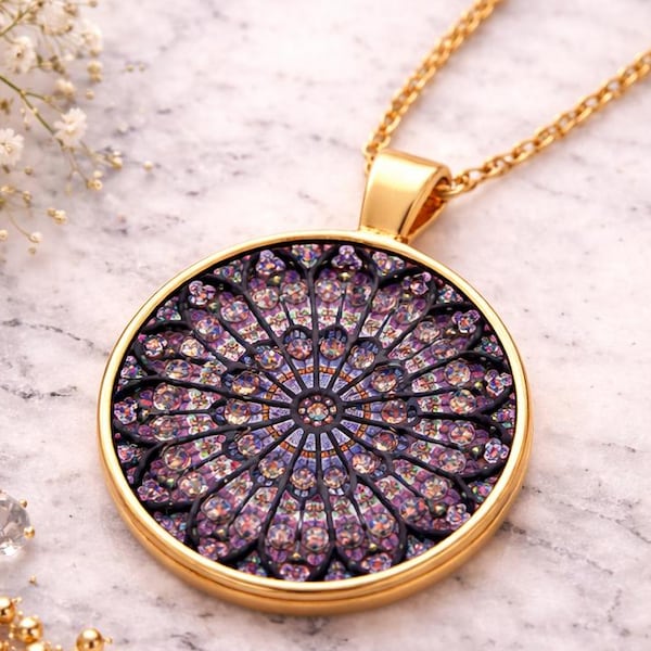 Notre Dame Cathedral Rose Window Necklace: Stained Glass Pendant – Free Gift Box Included