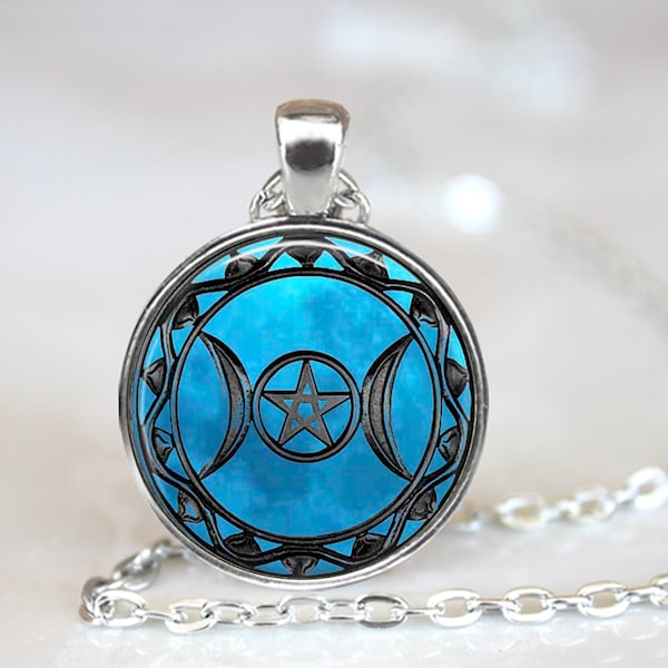 Triple Moon Goddess Pendant, Triple Moon Goddess Necklace, Pentagram Jewelry, Wicca Necklace, Occult Jewelry, Occult Keychain