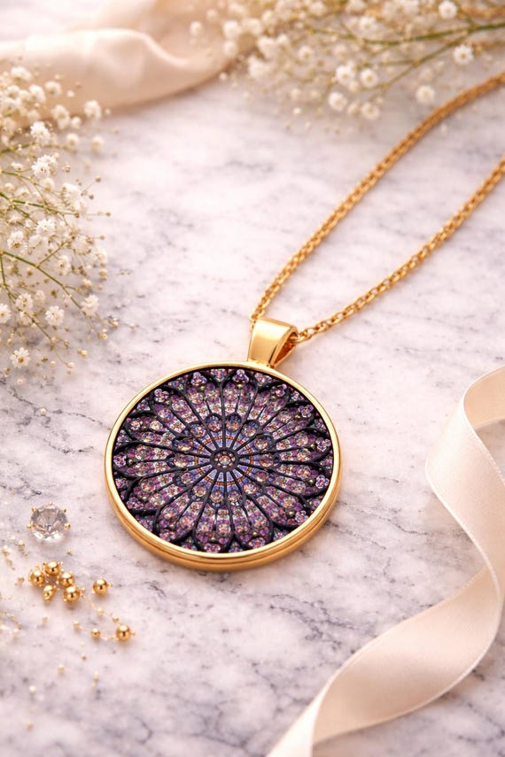 Notre Dame Cathedral Rose Window Necklace: Stained Glass Pendant – Free Gift Box Included