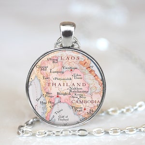 Thailand Map Pendant, Thailand Map Necklace, Thailand Map Jewelry, Antique Map Thailand, Southeast Asia Travel