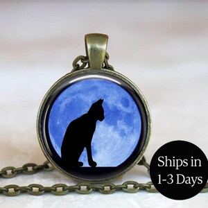 Black Cat with Full Moon Necklace (000)