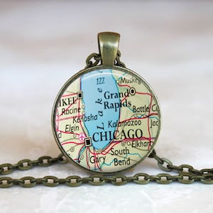 Chicago carte Pendentif, Chicago Illinois carte pendentif, Illinois carte bijoux Illinois carte porte-clés