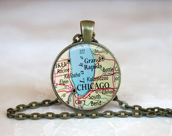 Chicago map Pendant, Chicago Illinois map pendant, Illinois map jewelry Illinois map key chain