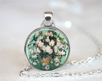 Van Gogh Pink Roses Art Pendant Necklace or Keychain