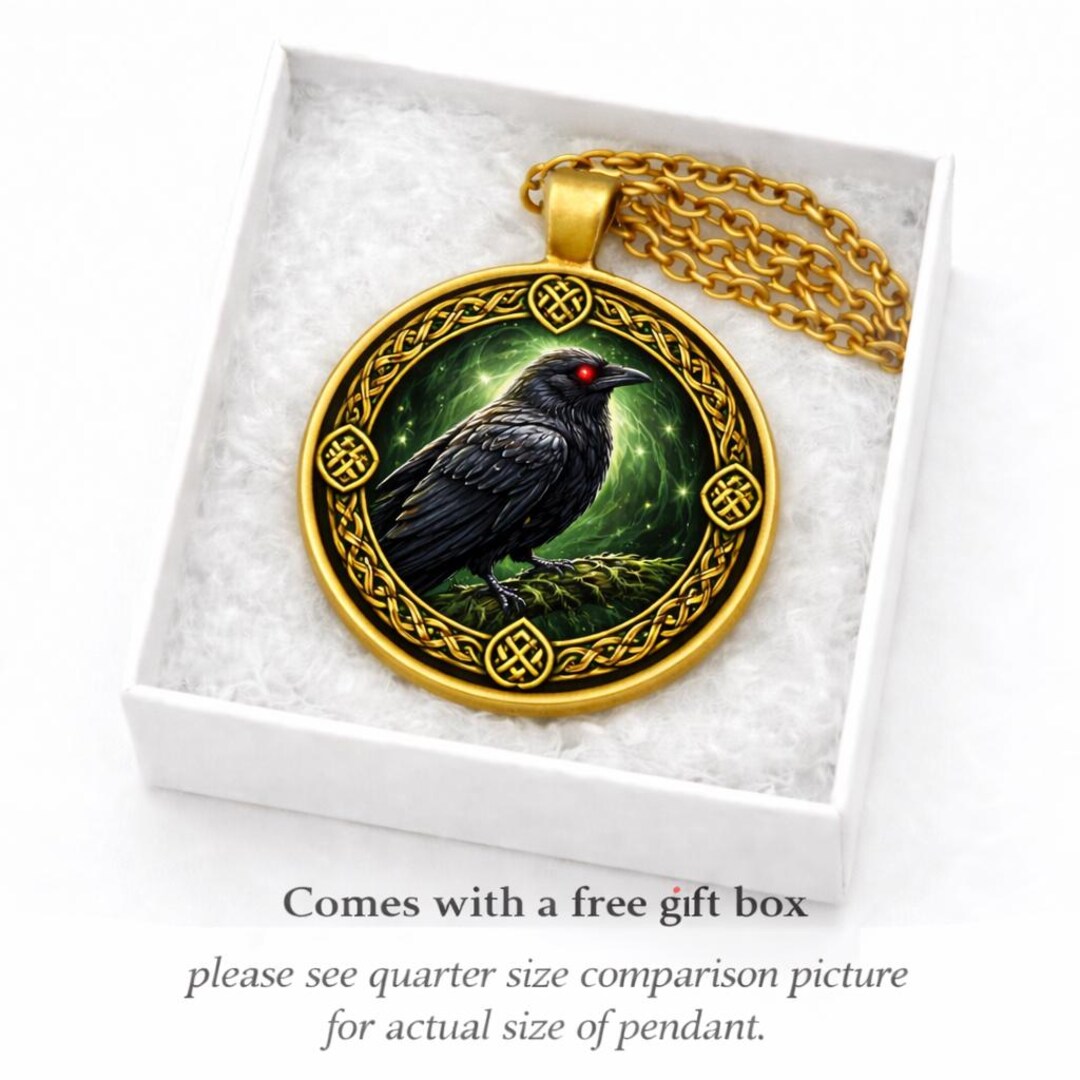 Celtic Raven Pendant Necklace, Gold Tone Knot Amulet, Mythology Jewelry ...