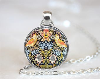William Morris Strawberry Thief Pendant: Art Nouveau Necklace or Keychain