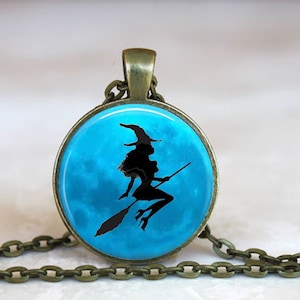 Witch on Broom Pendant Necklace: Halloween Jewelry Gift